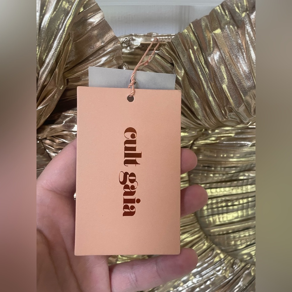 cult gaia Metallic Gold Strapless Pleated Mini Dress - Picture 7 of 14